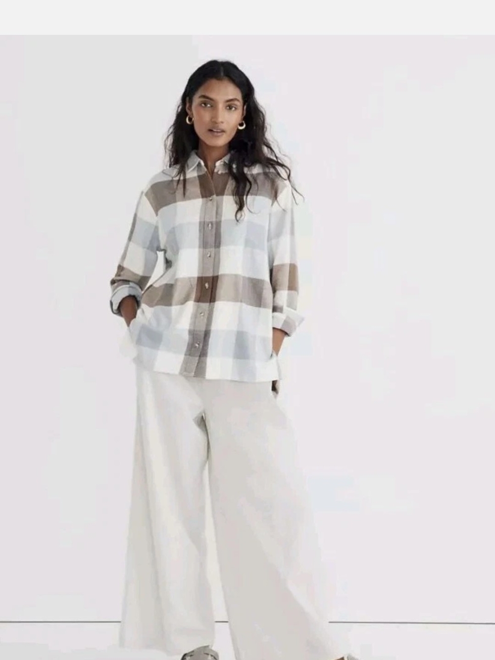 Madewell Plaid Flannel Button Down Shirt Brown Blue White Check Fall Top Sz XXS